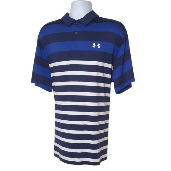 Under Armour Mens Polo 2XL Blue White Playoff 3.0 Golf Shirt Striped Loose Fit - Picture 2 of 8